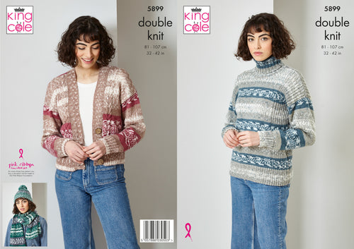 King Cole Double Knit Knitting Pattern - Ladies Cardigan Sweater & Scarf (5899)