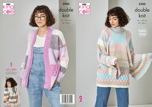 King Cole Double Knit Knitting Pattern - Ladies Cardigan Sweater & Scarf (5900)
