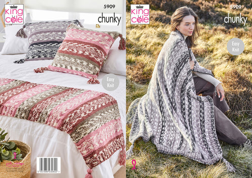 King Cole Chunky Knitting Pattern - Blanket Bed Runner & Cushion Cover (5909)