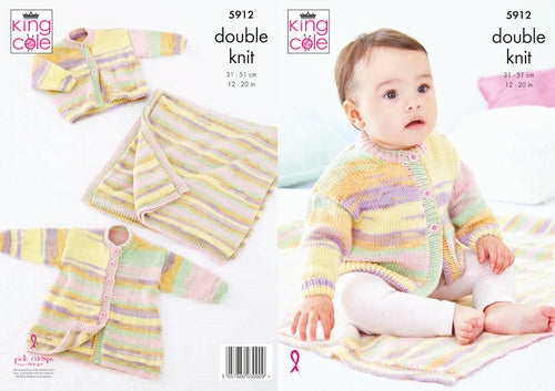 King Cole Double Knit Knitting Pattern - Baby Jacket Cardigan & Blanket (5912)