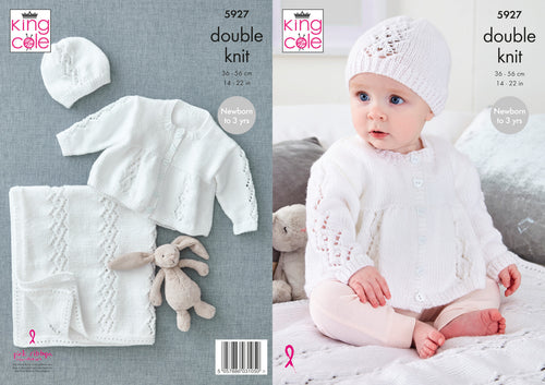 King Cole DK Knitting Pattern - Baby Matinee Coat Hat & Blanket (5927)