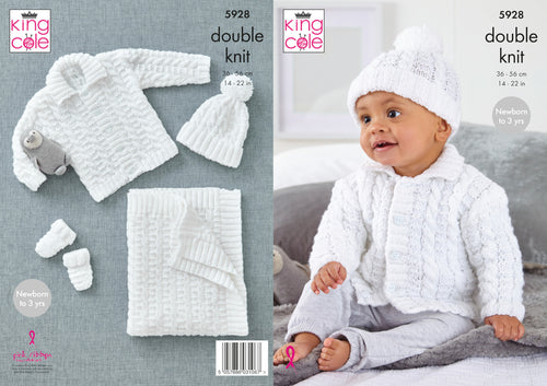 King Cole DK Knitting Pattern - Baby Jacket Hat Mitts & Blanket (5928)