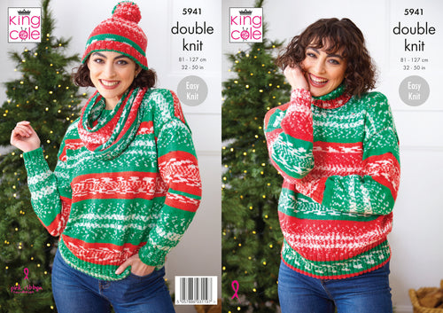 King Cole DK Knitting Pattern - Ladies Sweaters Cowl & Hat (5941)