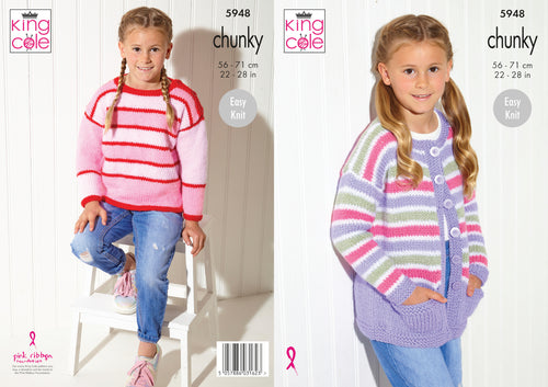 King Cole Chunky Knitting Pattern - Girls Sweater & Cardigan (5948)