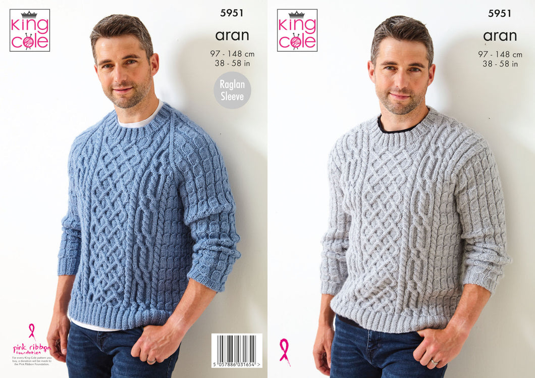 King Cole Aran Knitting Pattern - Mens Sweaters (5951)