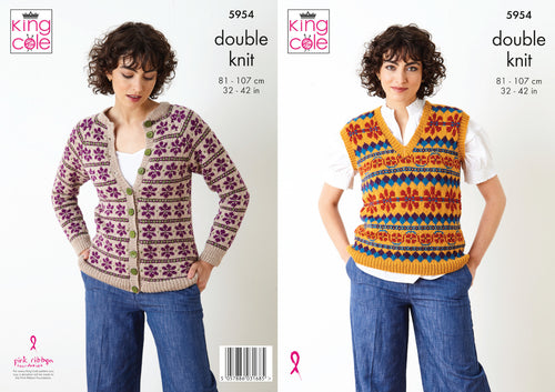 King Cole DK Knitting Pattern - Ladies Patterned Sweater & Pullover (5954)