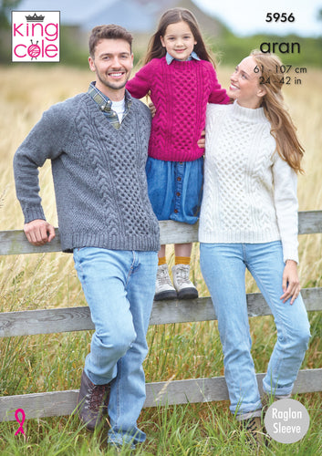 King Cole Aran Knitting Pattern - Family Cable Knit Sweaters (5956)