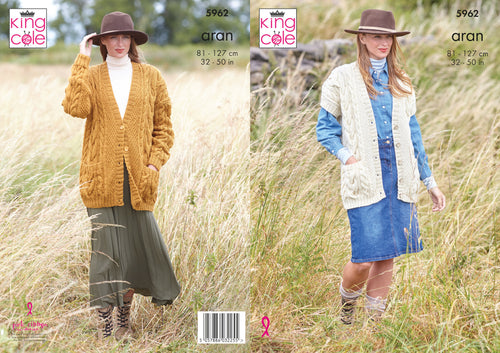 King Cole Aran Knitting Pattern - Ladies Cardigan & Waistcoat (5962)