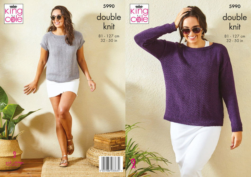 King Cole Double Knit Knitting Pattern - Ladies Sweater & Top (5990)