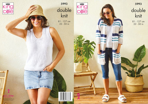 King Cole Double Knit Knitting Pattern - Ladies Cardigan & Vest Top (5993)