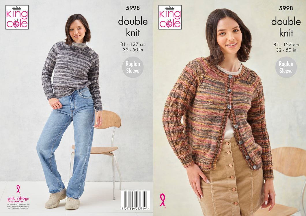 King Cole DK Knitting Pattern - Ladies Sweater & Cardigan (5998)