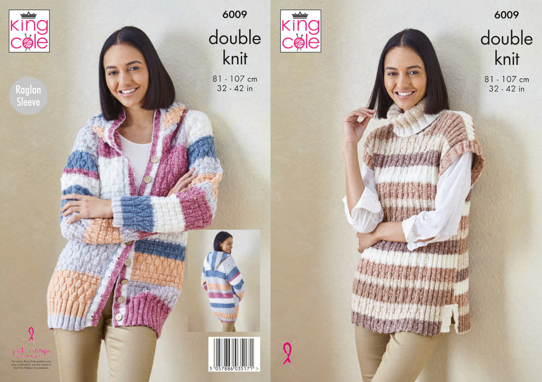 King Cole Double Knit Knitting Pattern - Ladies Hoodie & Pullover (6009)