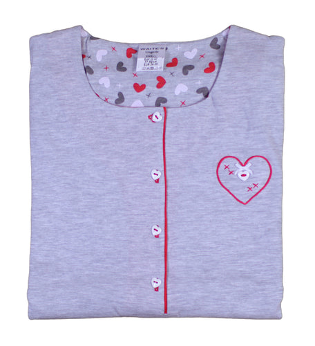 Ladies Nightdress with Valentines Heart Motif & Buttons (Small)