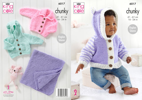 King Cole Chunky Knitting Pattern - Baby Jacket Cardigan & Blanket (6017)