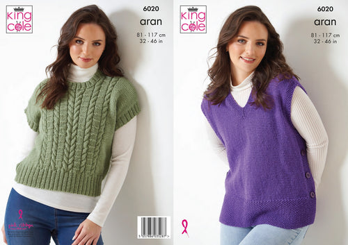 King Cole Aran Knitting Pattern - Ladies Cable Knit & Sleeveless Button Top 6020