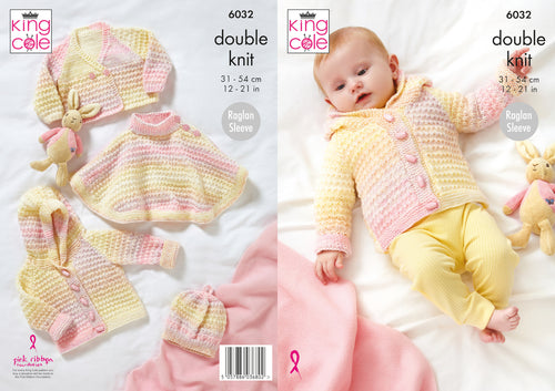 King Cole DK Knitting Pattern - Baby Cardigan Cape Jacket & Hat (6032)