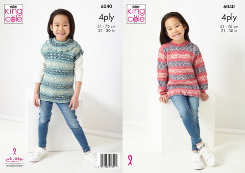 King Cole 4ply Knitting Pattern Girls Sweater & Frill Neck Pullover (6040)