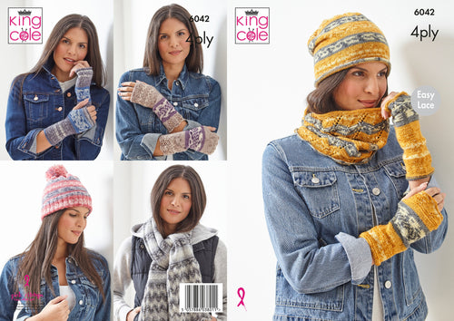 King Cole 4ply Knitting Pattern Ladies -Hats, Scarf Snood & Hand Warmers (6042)