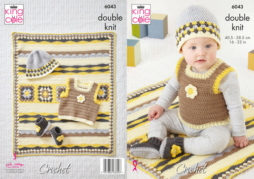 King Cole DK Crochet Pattern - Baby Tank Top Blanket Hat & Booties (6043)