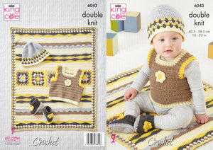 King Cole DK Crochet Pattern - Baby Tank Top Blanket Hat & Booties (6043)