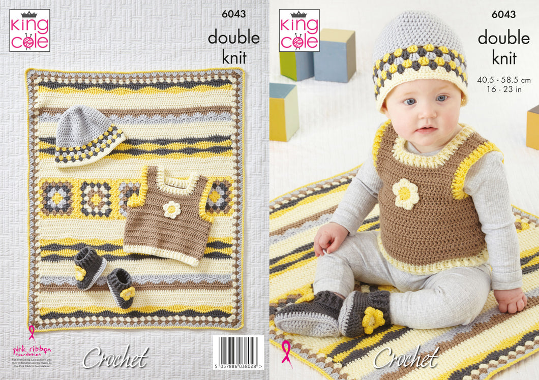 King Cole DK Crochet Pattern - Baby Tank Top Blanket Hat & Booties (6043)