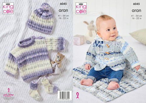 King Cole Aran Knitting Pattern - Baby Jacket Top Hat Socks & Blanket (6045)
