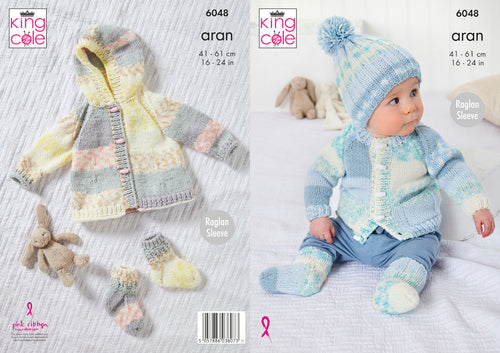 King Cole Aran Knitting Pattern - Baby Jacket Coat Hat & Socks (6048)