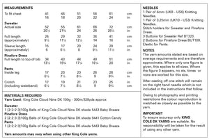 King Cole Double Knitting Pattern – Baby Sweater, Pinafore Dress & Pants (6057)