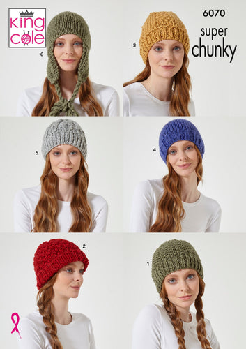 King Cole Super Chunky Knitting Pattern – Ladies Hats (6070)
