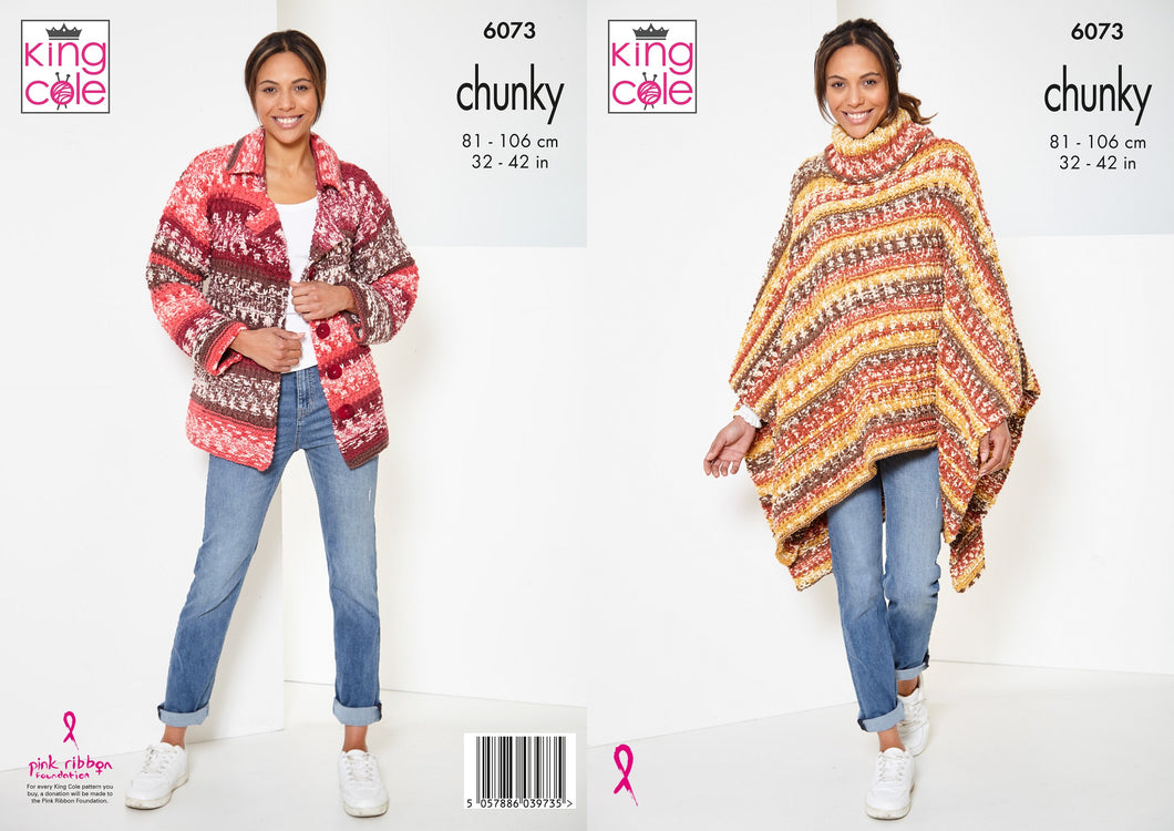 King Cole Chunky Knitting Pattern - Ladies Cardigan or Poncho (6073)