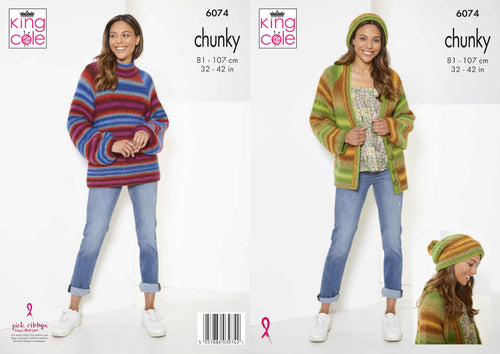 King Cole Chunky Knitting Pattern - Ladies Cardigan, Sweater and Hat (6074)