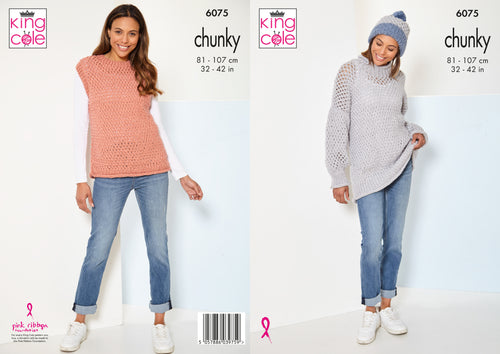 King Cole Chunky Knitting Pattern – Ladies Sweater, Tank Top & Hat (6075)