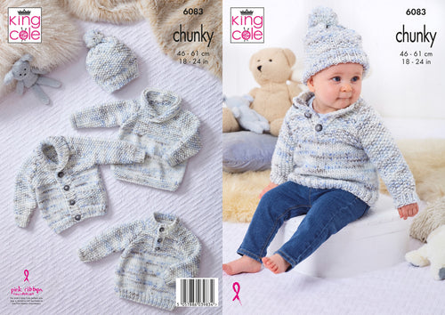 King Cole Chunky Knitting Pattern - Baby Jacket, Sweater & Hat (6083)