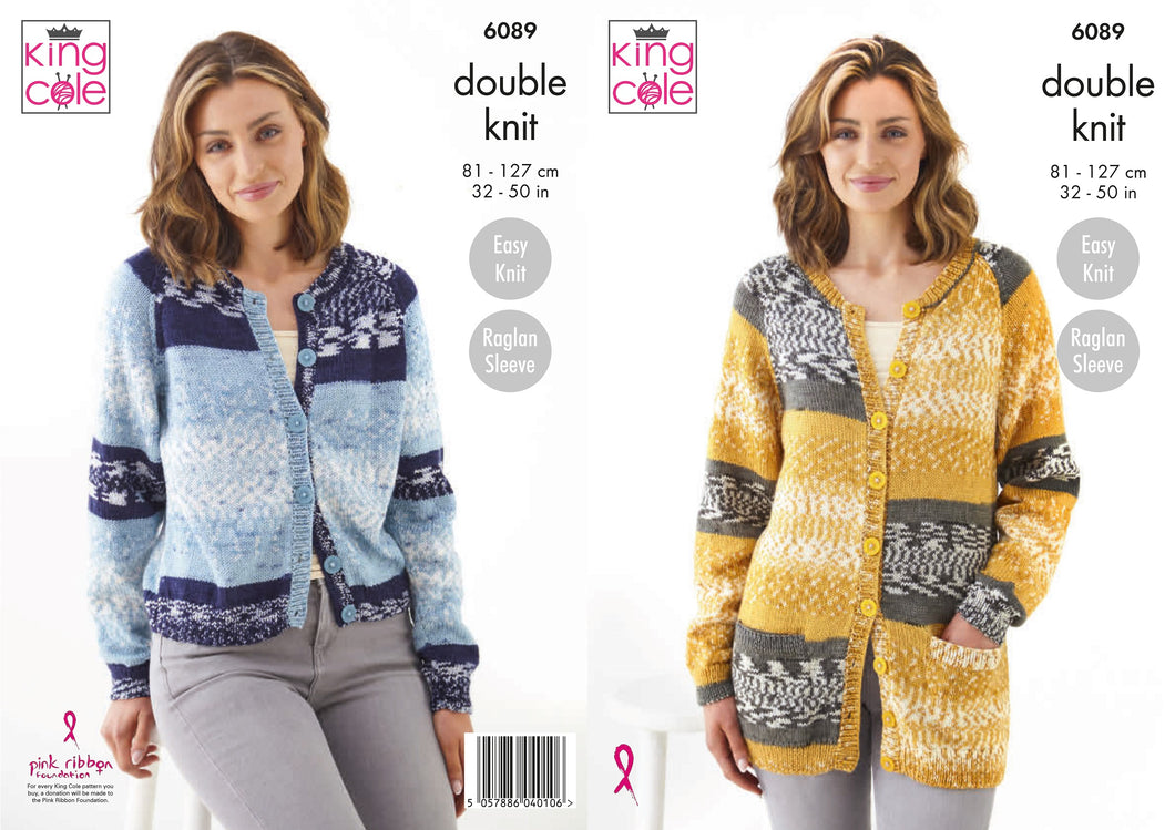 King Cole Double Knitting Pattern - Ladies Raglan Cardigans (6089)