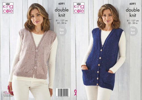 King Cole Double Knitting Pattern - Ladies Easy Knit Waistcoats (6091)