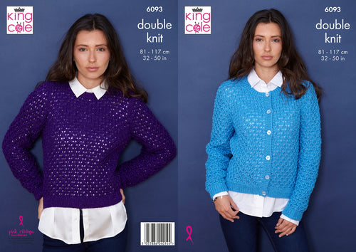 King Cole Double Knit Knitting Pattern - Ladies Sweater and Cardigan (6093)