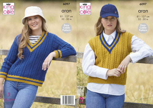 King Cole Aran Knitting Pattern - Ladies Sweater & Tank Top (6097)