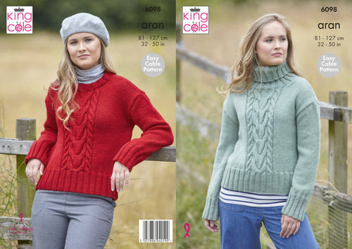 King Cole Aran Knitting Pattern - Ladies Sweaters (6098)