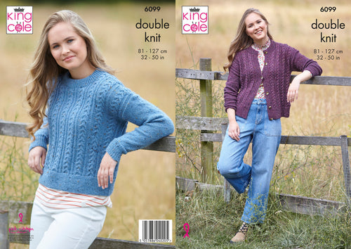 King Cole Double Knitting Pattern - Ladies Cable Sweater & Cardigan (6099)