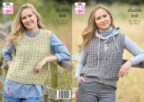 King Cole Double Knitting Pattern - Womens Waistcoat & Button Up Tank Top (6100)