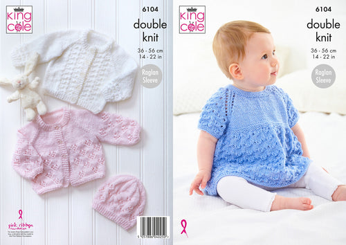 King Cole Double Knit Knitting Pattern 6104 - Raglan Jacket, Top, Cardigan & Hat