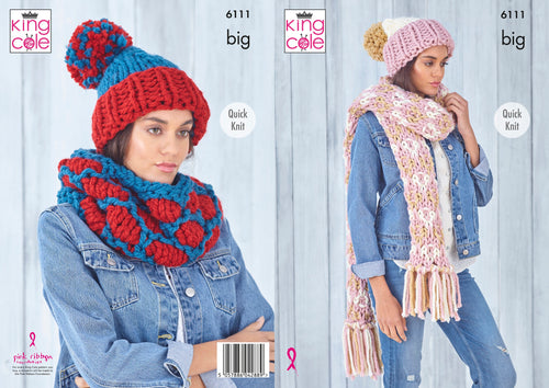 King Cole BIG Knitting Pattern - Ladies Hat, Scarf & Snood Accessories 6111