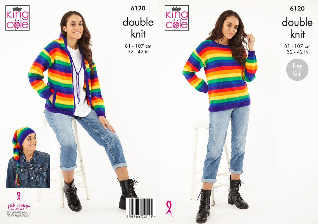 King Cole DK Knitting Pattern Ladies Sweater, Cardigan & Hat (6120)