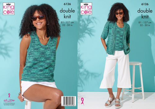 King Cole Double Knitting Pattern - Ladies Cardigan & Top (6126)