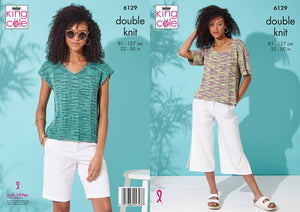 King Cole Double Knitting Pattern - Ladies V Neck or Round Neck Top (6129)