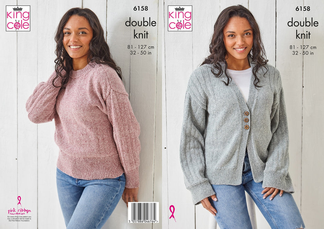 King Cole Double Knitting Pattern - Ladies Cardigan & Sweater (6158)