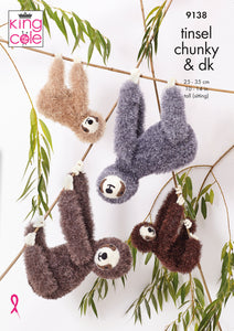 King Cole Tinsel Chunky & DK Knitting Pattern - Sloths (9138)