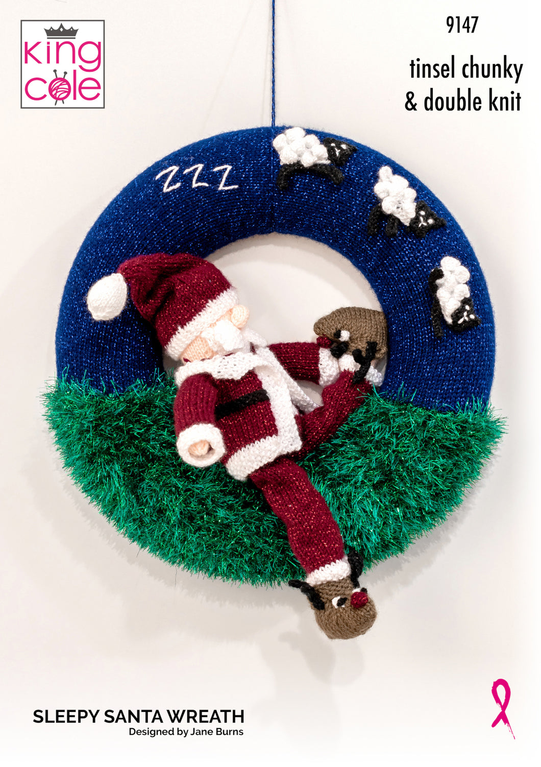 King Cole Tinsel Chunky Knitting Pattern - Sleepy Santa Wreath (9147)