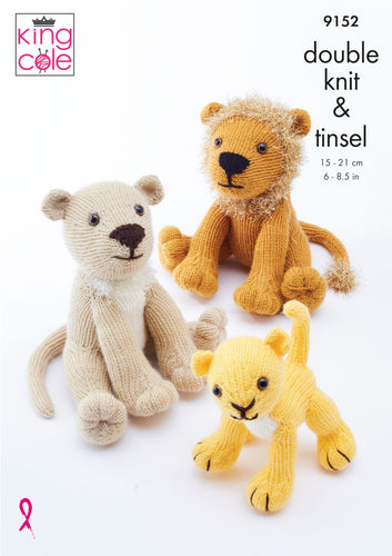 King Cole Double Knit & Tinsel Knitting Pattern - Lion Family (9152)