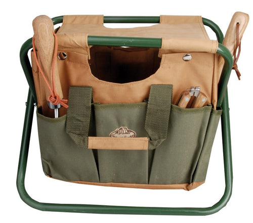 Garden Tool Stool & Detachable Bag with Multiple Pockets (Khaki & Brown)